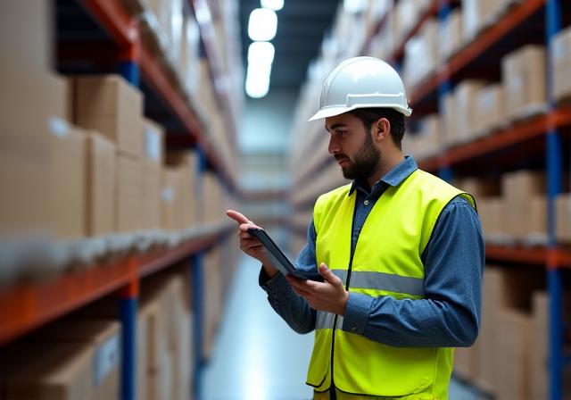 Logistics worker using digital tablet for inventory management